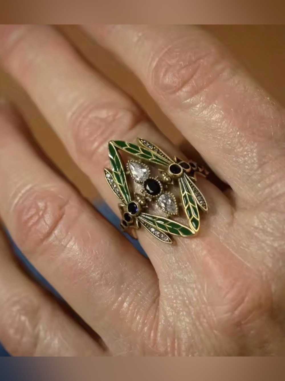 Art Nouveau Dragonfly Ring, Vintage Green Enamel Insect Jewelry